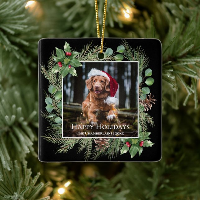 Ornamento De Cerâmica Happy Holidays Pet Photo Wreath  (Árvore)