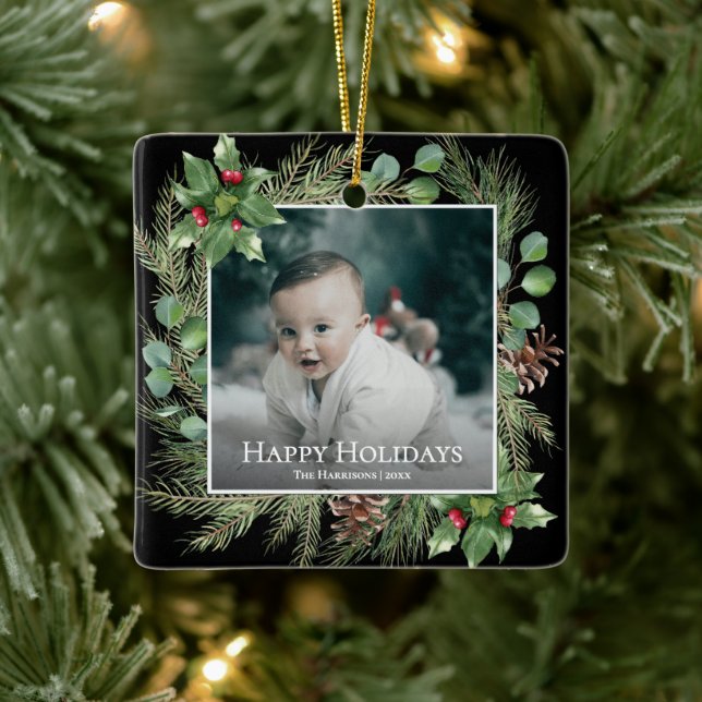 Ornamento De Cerâmica Happy Holidays Photo Wreath Botanical Christmas (Árvore)