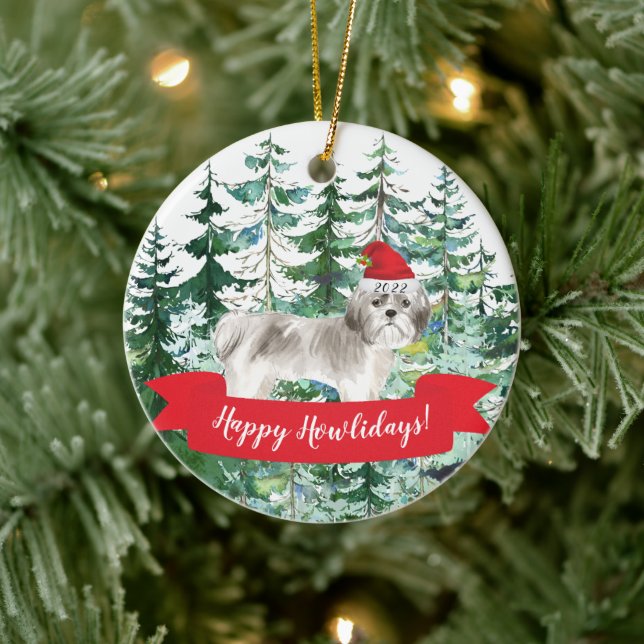 Ornamento De Cerâmica Happy Howlidays Shih tzu Dog Christmas Ornament (Árvore)