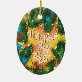 Ornamento De Cerâmica Happy New Year 2026 Pine Branches & Lights