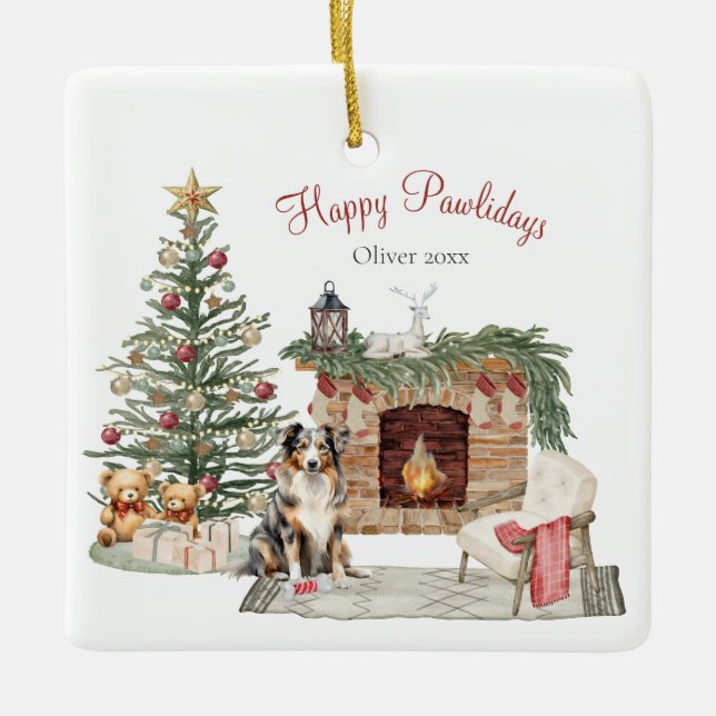 Ornamento De Cerâmica Happy Pawlidays Dog Design - Pastor Australiano (Frente)