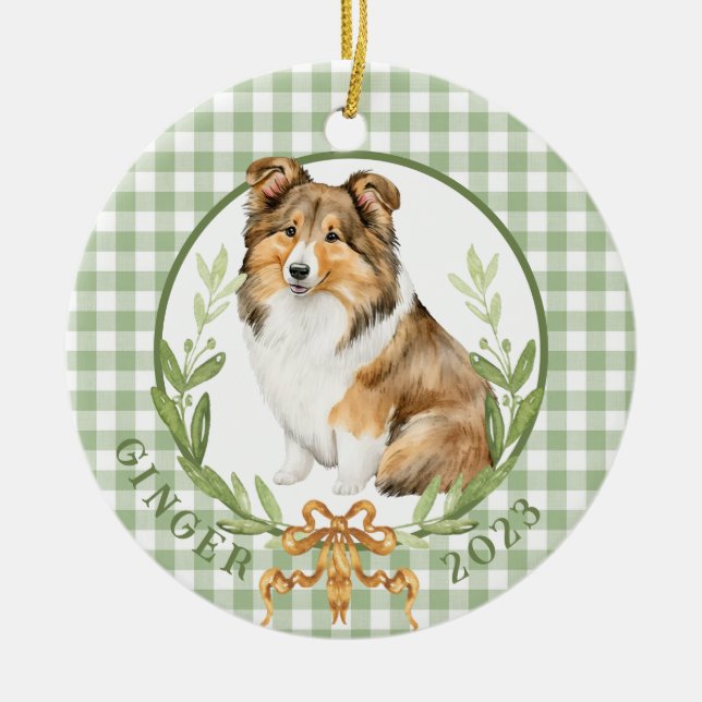 Ornamento De Cerâmica Happy Sheltie em Laurel Wreath (Frente)
