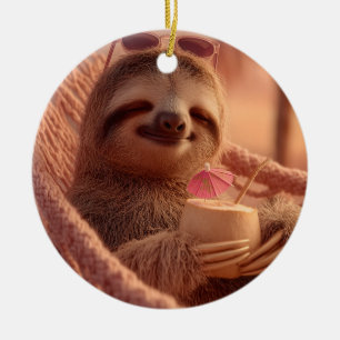 Ornamento De Cerâmica Happy Sloth Relaxando em um Hammock