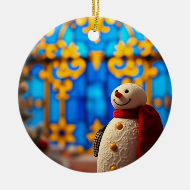 Ornamento De Cerâmica Happy Snowman Christmas – Blue Faux Stained Glass (Frente)