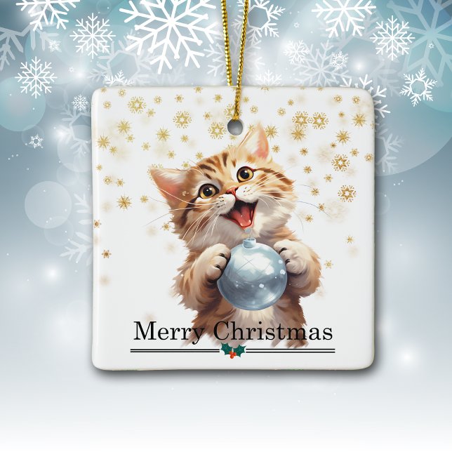 Ornamento De Cerâmica Happy Tabby Kitten with Christmas Tree Bulb (Criador carregado)