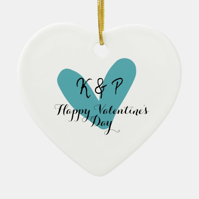 Ornamento De Cerâmica Happy Valentine's day turquoise heart name letter  (Frente)
