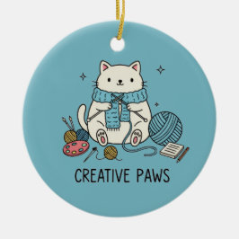 Ornamento De Cerâmica Happy White Cat Knit Blue Yarn Craft Lover Decor