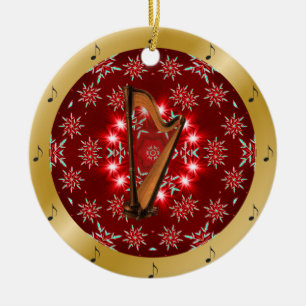 Ornamento De Cerâmica Harp o ~ Dourado do Natal do ~ de Red~ do ~ de