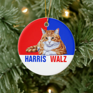 Ornamento De Cerâmica Harris Walz 2024 Obviamente Cat Red Blue