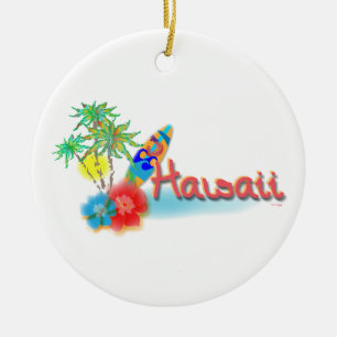 Ornamento De Cerâmica Havaí com palmas, flores e prancha