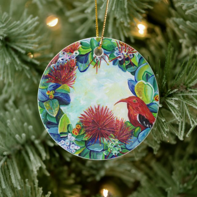 Ornamento De Cerâmica Havaiana Wreath Iiwi Bird Lehua Mele Kalikimaka (Árvore)