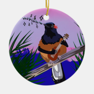 Ornamento De Cerâmica Hawaiai Shama Bird tocando ukulele
