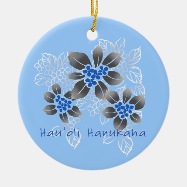 Ornamento De Cerâmica Hawaiian Holly Hanukkah Blue Floral (Frente)