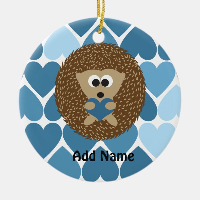 Ornamento De Cerâmica Hedgehogs e Corações Azuis (Frente)