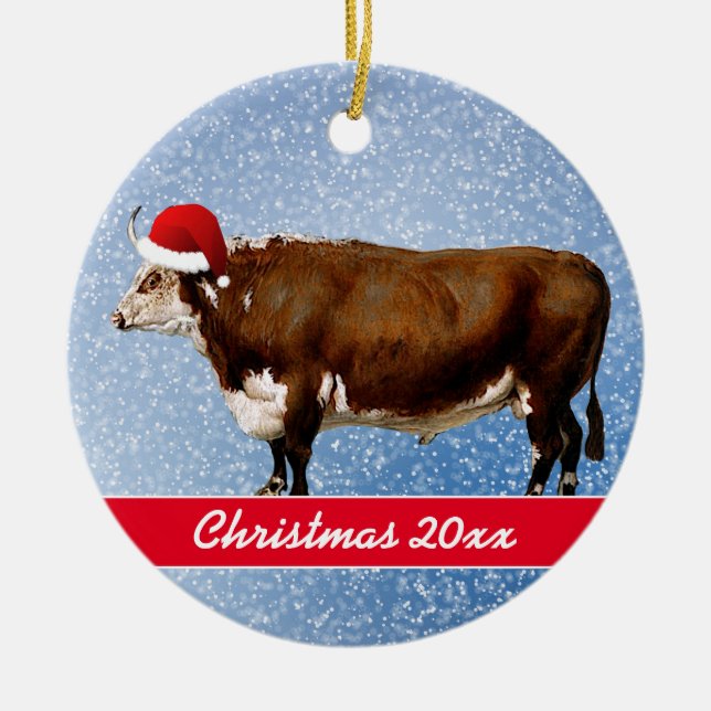 Ornamento De Cerâmica Hereford Bull e Santa Hat (Frente)
