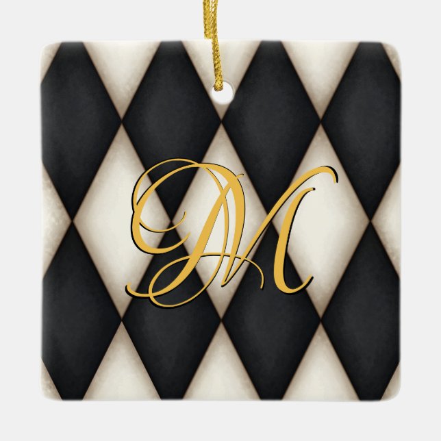 Ornamento De Cerâmica Herlequin Preto e Branco Faux Monograma Antiquado (Frente)