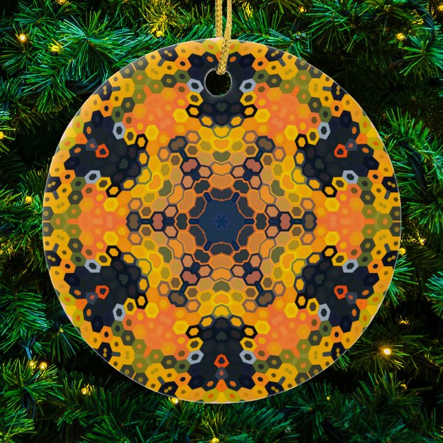 Ornamento De Cerâmica Hex Mandala Amarelo e Laranja (Yellow and Orange Hexagon Mandala Christmas Ornament from Wormhole Orbital)