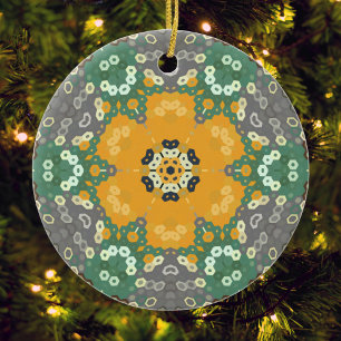 Ornamento De Cerâmica Hex Mandala Amarelo Teal e Marrom