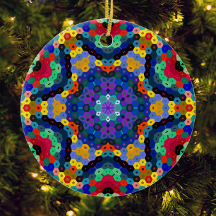 Ornamento De Cerâmica Hex Mandala Azul Amarelo Vermelho e Verde