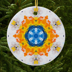 Ornamento De Cerâmica Hex Mandala Blue Amarelo Laranja e Branco