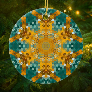 Ornamento De Cerâmica Hex Mandala Blue e Amarelo