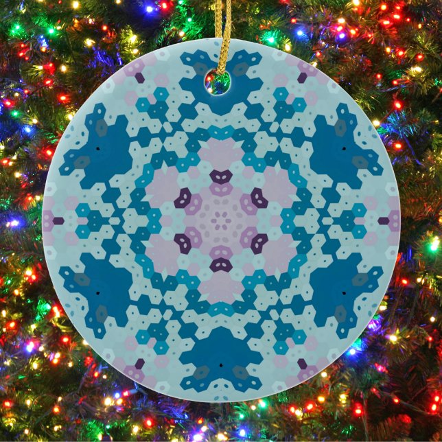 Ornamento De Cerâmica Hex Mandala Blue e Purple (Blue and Purple Hexagon Mandala Christmas Ornament from Wormhole Orbital)
