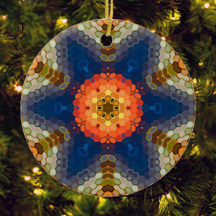 Ornamento De Cerâmica Hex Mandala Blue Orange e Red