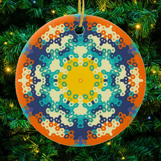 Ornamento De Cerâmica Hex Mandala Blue Orange e Yellow (Blue Orange and Yellow Hexagon Mandala Christmas Ornament from Wormhole Orbital)