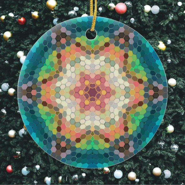 Ornamento De Cerâmica Hex Mandala Blue Verde e Rosa (Blue Green and Pink Hexagon Mandala Christmas Ornament from Wormhole Orbital)