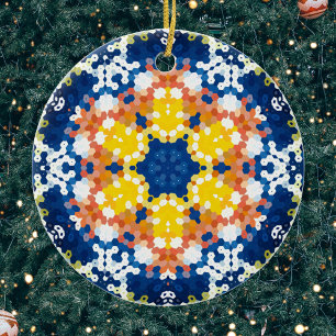 Ornamento De Cerâmica Hex Mandala Blue Yellow Orange e Green