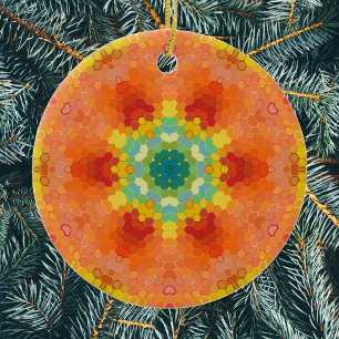 Ornamento De Cerâmica Hex Mandala Laranja Amarelo Vermelho e Azul