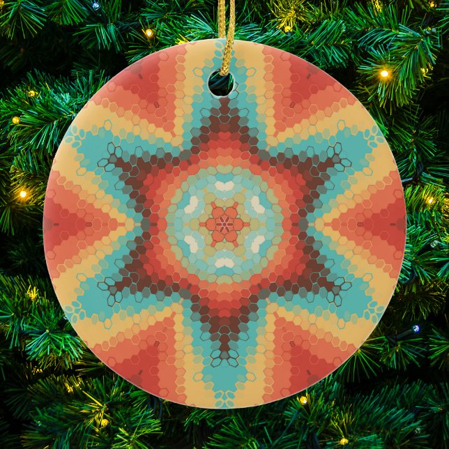 Ornamento De Cerâmica Hex Mandala Orange Blue e Amarelo (Orange Blue and Yellow Hexagon Mandala Christmas Ornament from Wormhole Orbital)