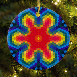 Ornamento De Cerâmica Hex Mandala Red Yellow e Blue