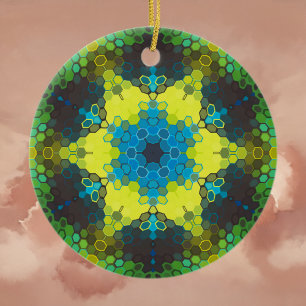 Ornamento De Cerâmica Hex Mandala Verde Amarelo e Azul