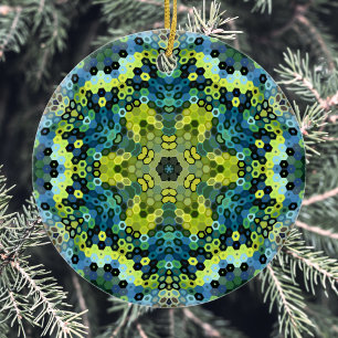 Ornamento De Cerâmica Hex Mandala Verde e Azul