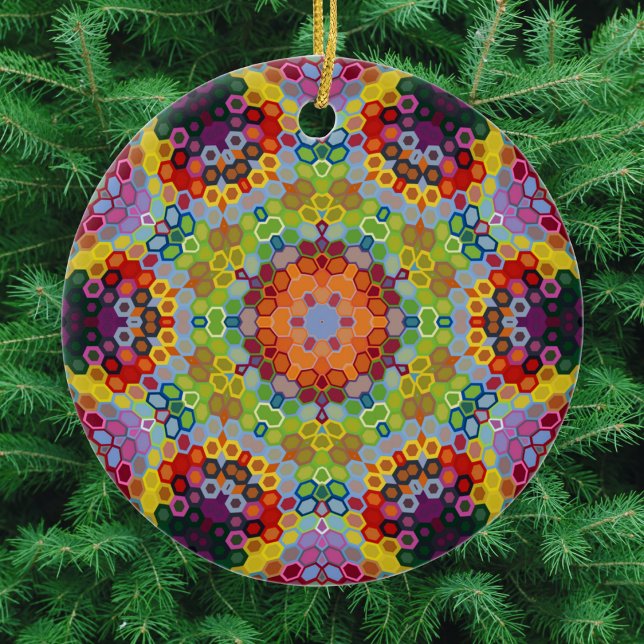 Ornamento De Cerâmica Hex Mandala Verde Rosa e Laranja ( Green Pink and Orange Hexagon Mandala Christmas Ornament from Wormhole Orbital)