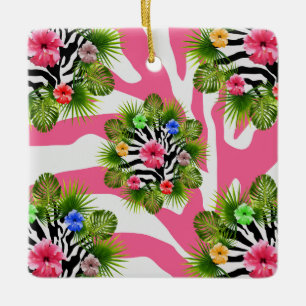 Ornamento De Cerâmica Hibisco tropical e listras exóticas de zebra rosa