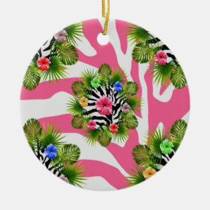 Ornamento De Cerâmica Hibisco tropical e listras exóticas de zebra rosa