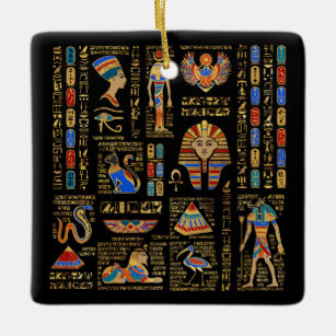 Ornamento De Cerâmica Hieróglifos e deidades egípcios em preto