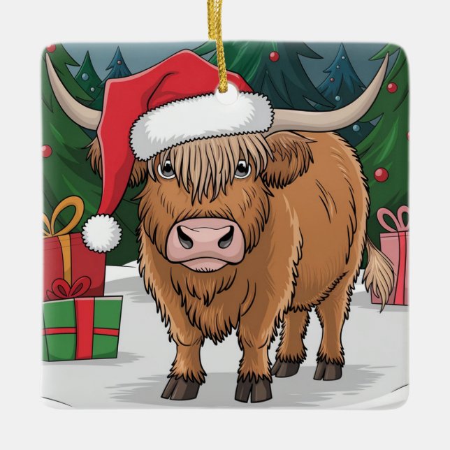Ornamento De Cerâmica Highland Cow Christmas (Frente)