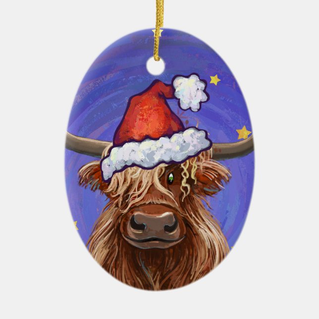 Ornamento De Cerâmica Highland Cow Christmas (Frente)