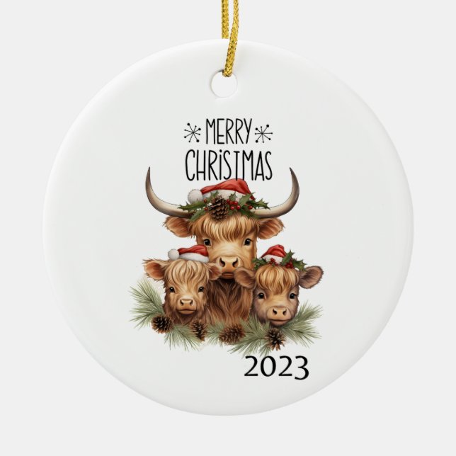 Ornamento De Cerâmica Highland Cow Christmas (Frente)