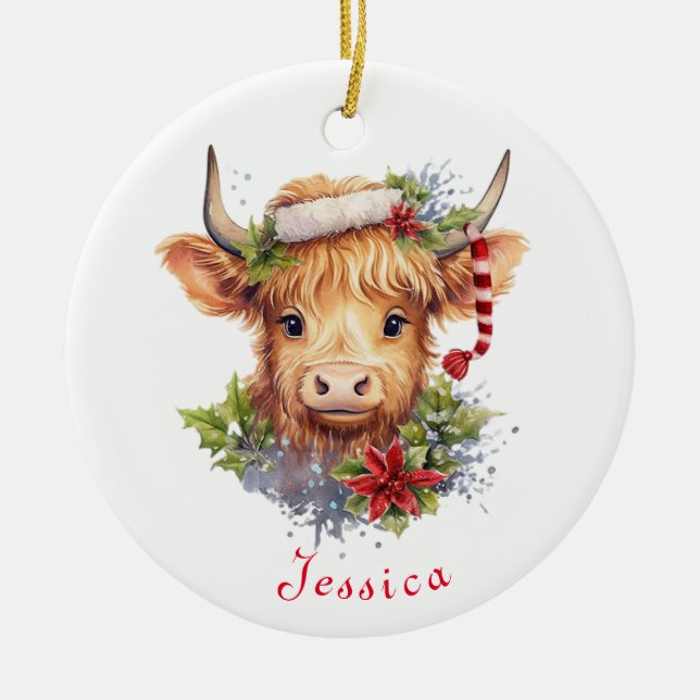 Ornamento De Cerâmica Highland Cow Christmas Santa Hat Personalizado (Frente)