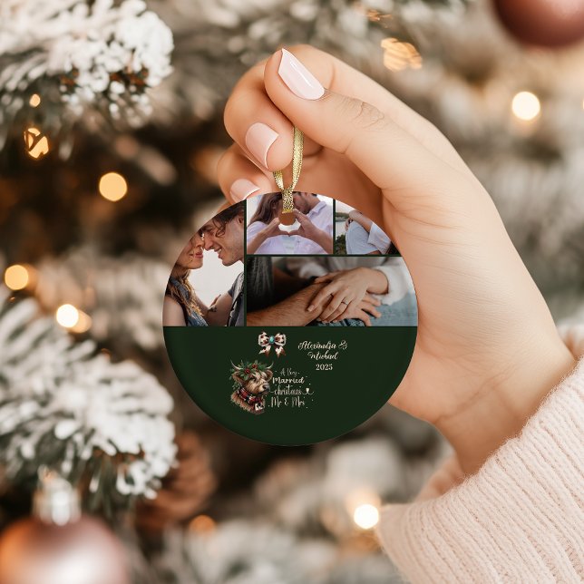 Ornamento De Cerâmica Highland Cow Merry Christmas Mrs and Mr 5 Photo  (Criador carregado)