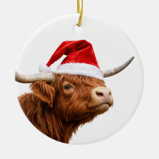 Ornamento De Cerâmica Highland Cow Santa Hat Cute Christmas Holiday