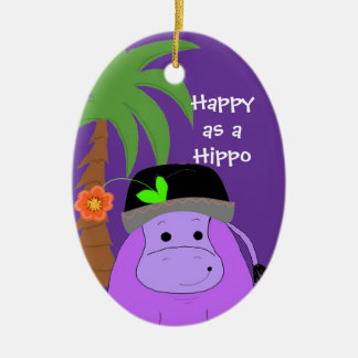 Ornamento De Cerâmica Hipopótamo Roxo com uma Palmeira