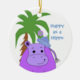 Ornamento De Cerâmica Hipopótamo Roxo com uma Palmeira