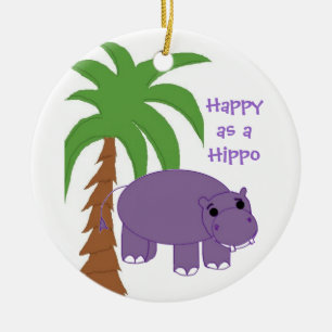 Ornamento De Cerâmica Hipopótamo Roxo com uma Palmeira