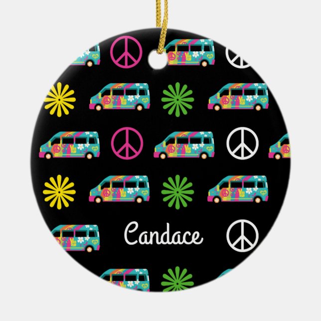 Ornamento De Cerâmica Hippie Bus Peace Sign 70s (Frente)
