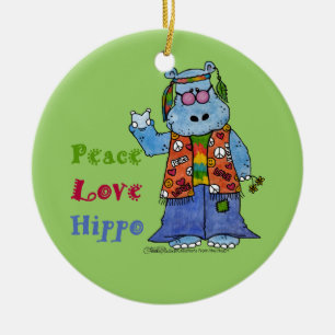 Ornamento De Cerâmica Hippie Hippo-Peace, Love, Hippo